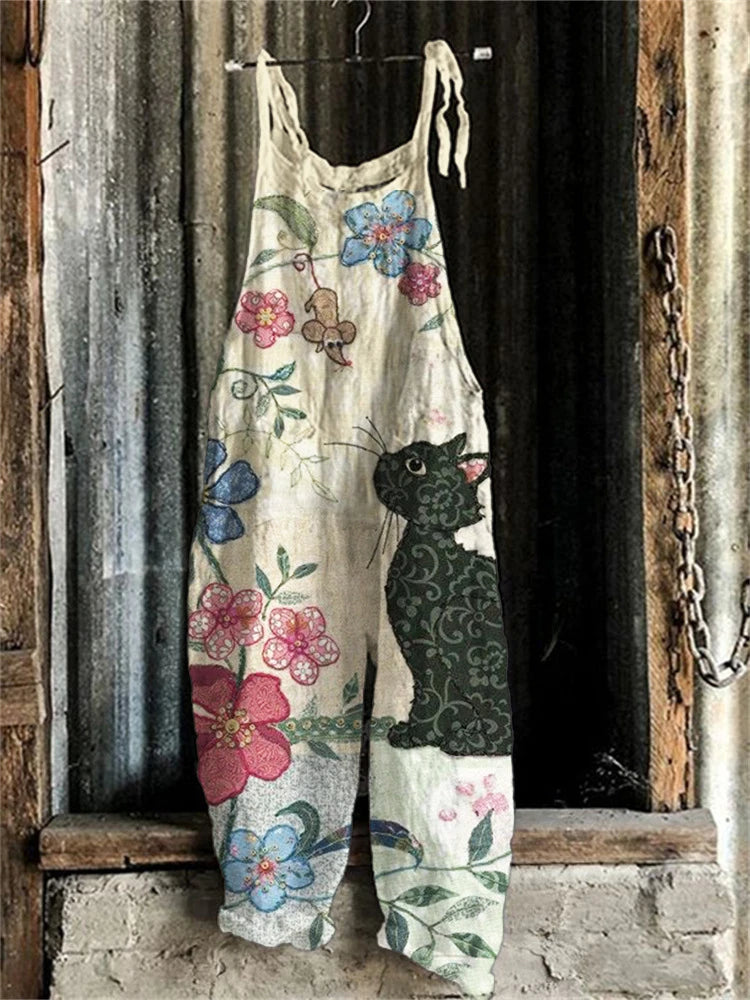 5 Fun Cat Prints with Adjustable Straps, Wide Legs,  Loose Casual Bib Overalls with Flexible Tie Straps