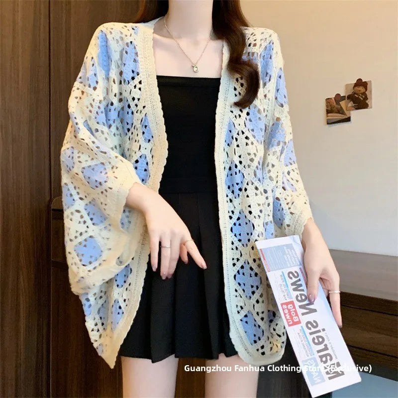 Bohemian Style Hollowed-out Long Sleeve Light Weight Sweater with V Neck and Batwing Sleeves