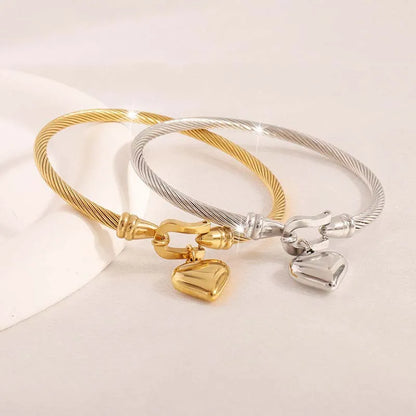Stainless Steel Gold Color Heart Pendant Bracelets, Charm Bangle Bracelets, Waterproof Jewelry