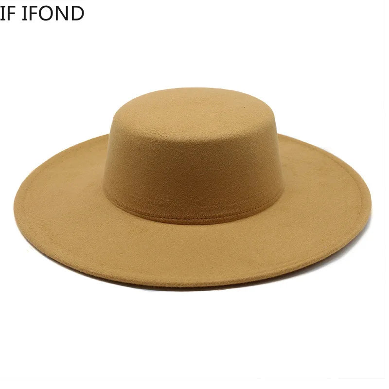 French Wide Brim Women's Fedora Wool Hat  Flat Top Felt in Marigold, White, and Black.