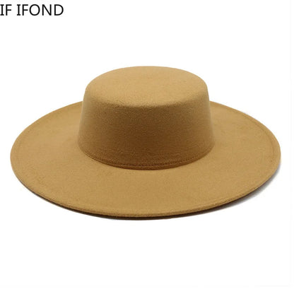 French Wide Brim Women's Fedora Wool Hat  Flat Top Felt in Marigold, White, and Black.