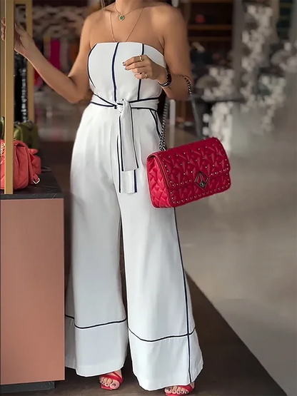 Chic Strapless Jumpsuit with Adjustable Waist Tie - White Wide-Leg Pants, Perfect for Spring/Summer/Fall