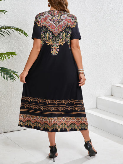 Sizes to 5XL, Ethnic Bohemian floral print casual short-sleeved loose fit midi dress