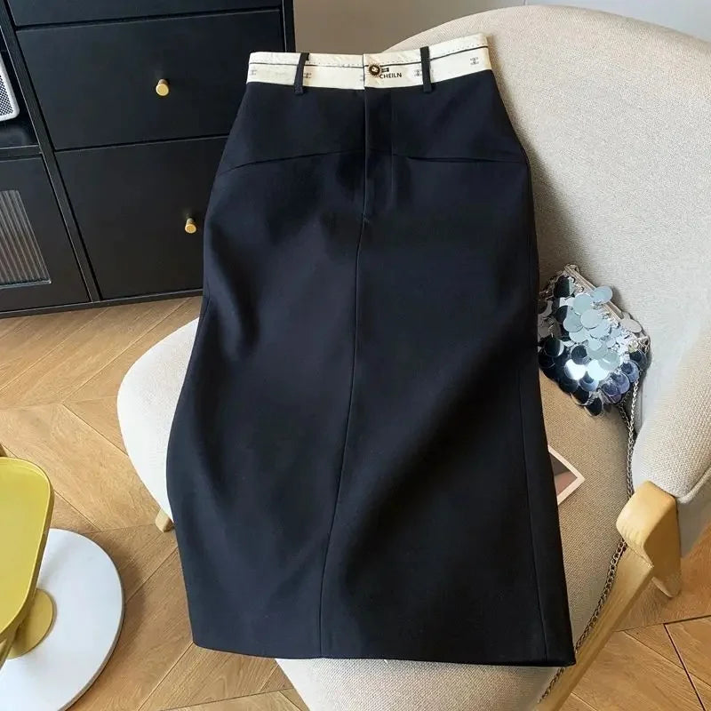 Sizes to 4XL, Straight Black Pencil Suit Skirt, Zipper and button closure and 2 front Pockets
