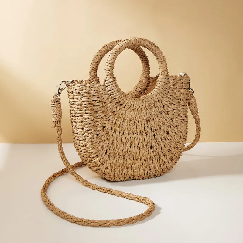 Handwoven Straw Rattan Half-Moon Beach Handbag or Crossbody Shoulder Bag. 4 other colors