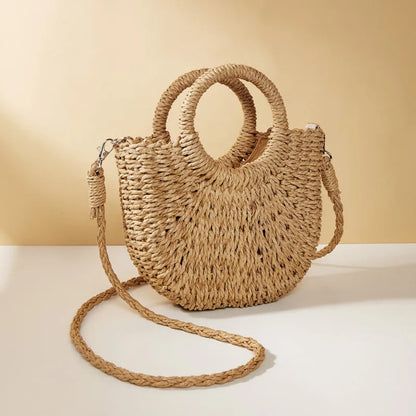Handwoven Straw Rattan Half-Moon Beach Handbag or Crossbody Shoulder Bag. 4 other colors