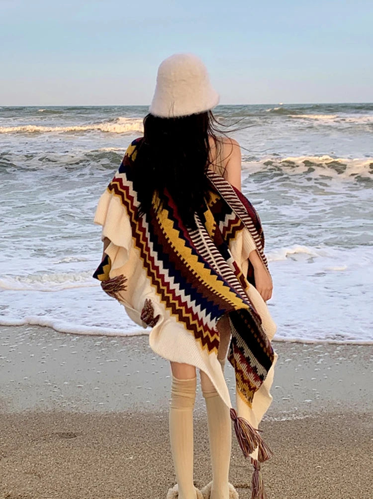 Vintage Bohemian Chic Capes Boho Ruffles Knitted Ethnic Design with Tassels