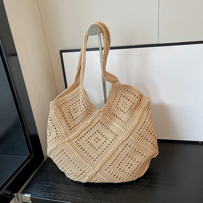 Hollowed Out Yarn Weaved, Large Capacity Shoulder Bags in Red, White, and Tan