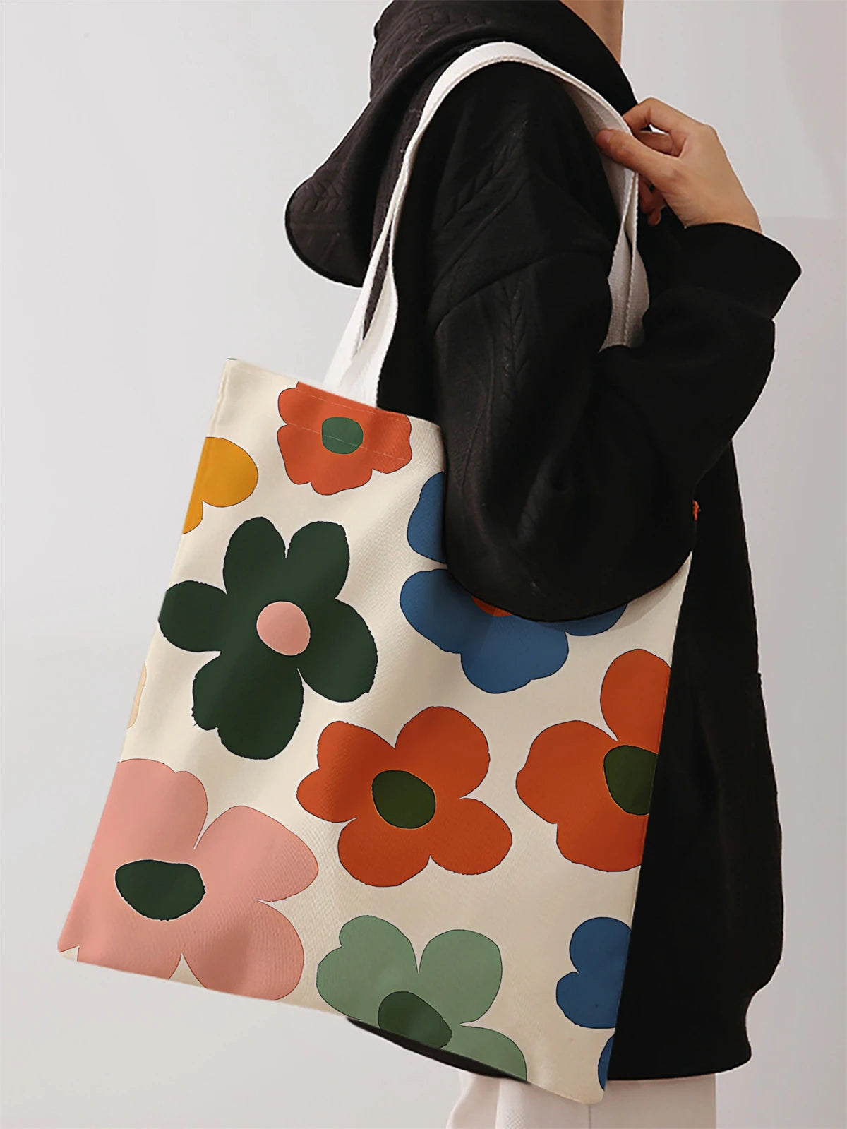 Flower pattern printed casual tote bag, reusable, fashionable, multifunctional handbag, canvas shopping bag