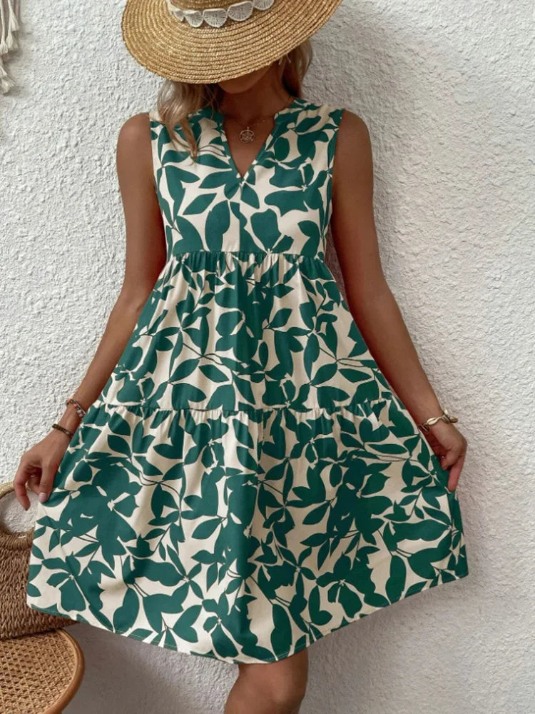 Sizes to 2XL, Boho Print Mini Dress, Sleeveless V Neck, A Line Tank Dress Casual Loose Oversize