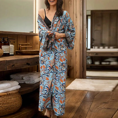 Retro Bohemian Plus-Size Long One-Piece Cover-Up/Robe with Tie Closure