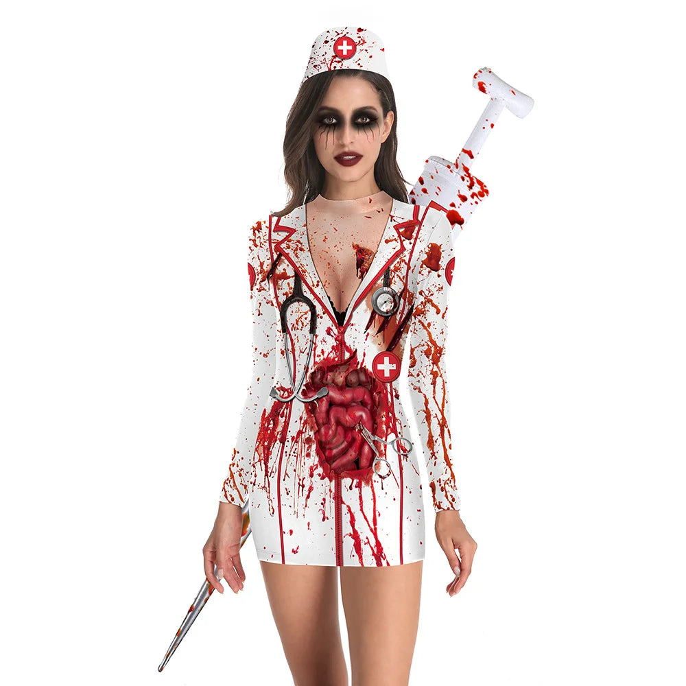 Bloody Nurse Cosplay Costume Dress Long Sleeves Sexy Tight Nurse Uniform and Skeleton Uniform.  Plus others