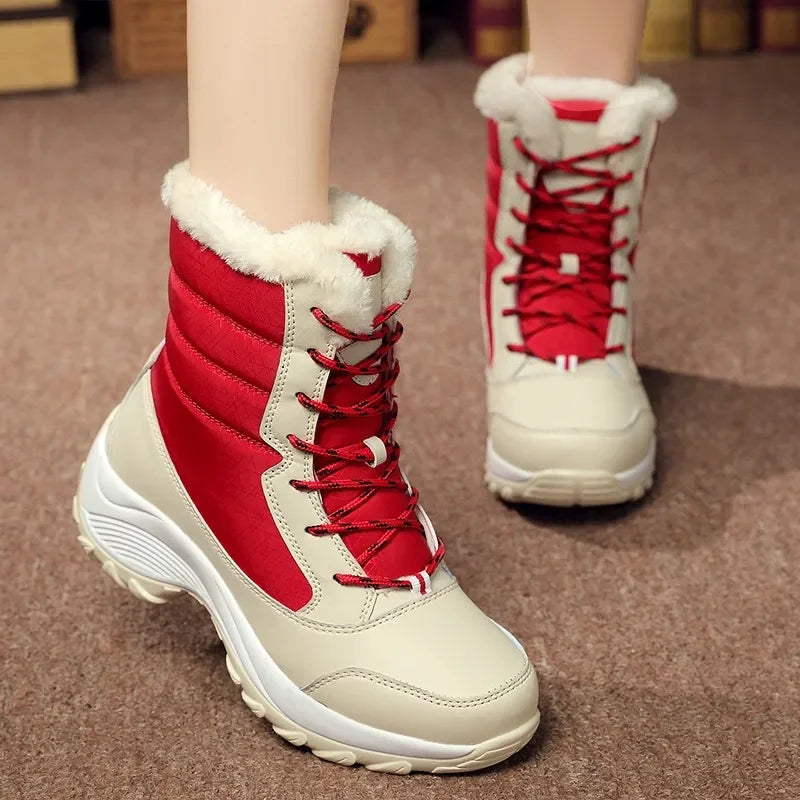Lightweight Ankle Snow Boots with Slight Platform: Red and White, Tan and White, Navy, and Black