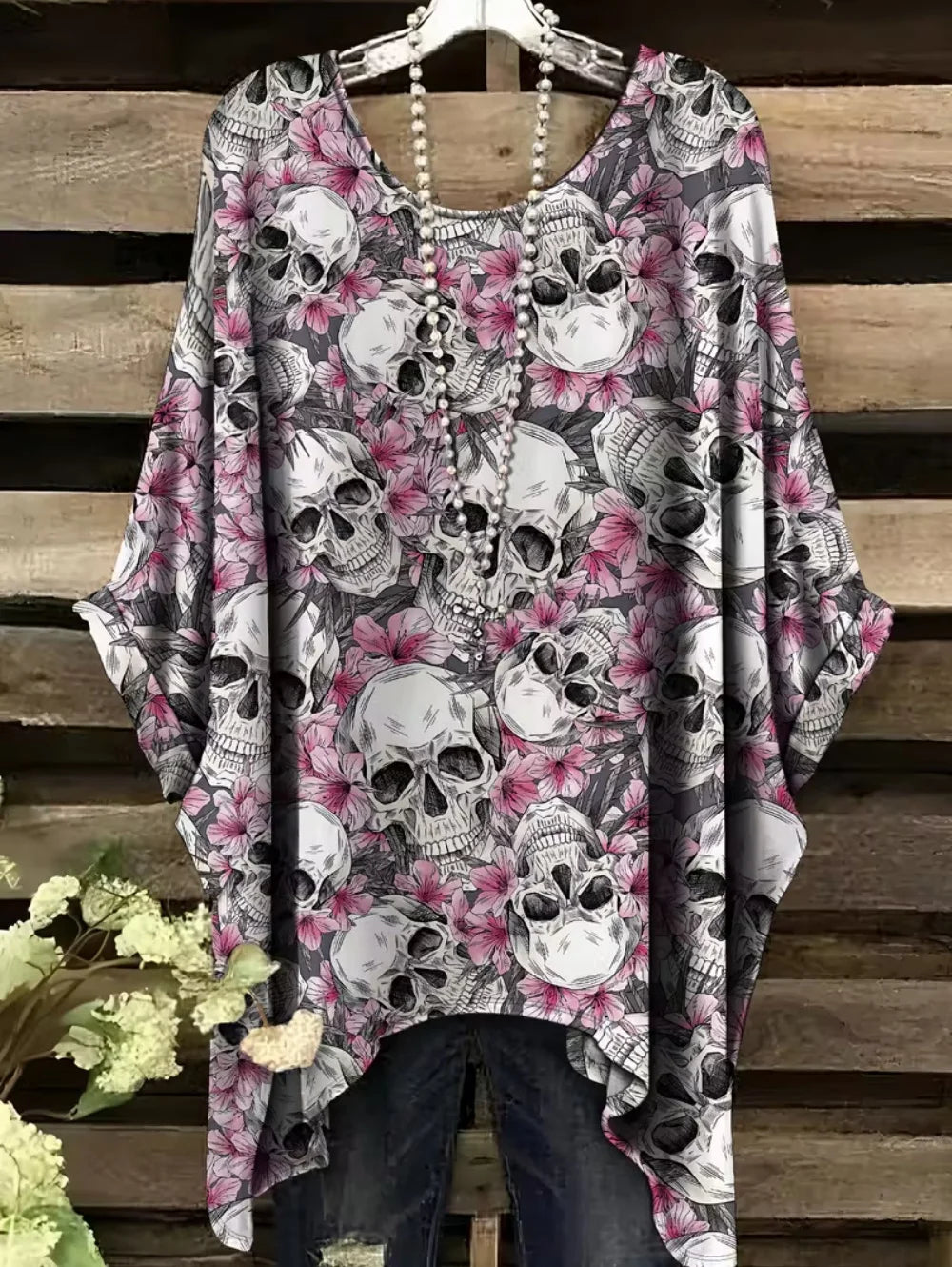 Sizes to 3XL Bohemian Skull Print Loose T-shirt Irregular Hemline O-Neck Short Sleeved Oversize Various designs