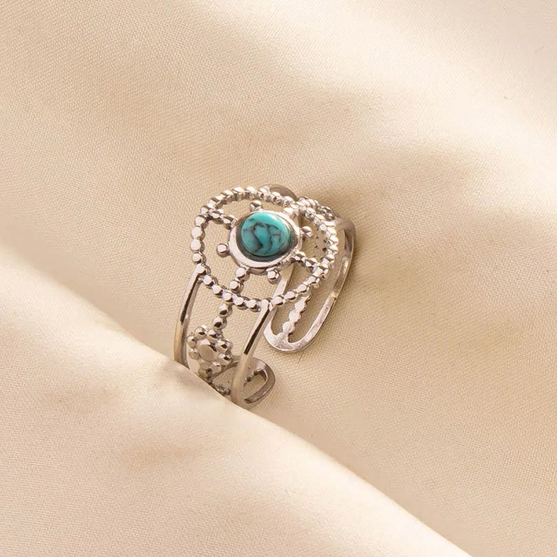 1pc Boho Turquoise Ring Stainless Steel Light Blue Gemstone Silver Adjustable Ring