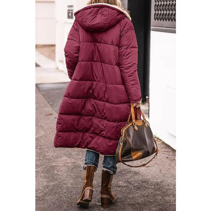 Reversible Sherpa Fleece, Long, Hooded Puffer Coats. Check colors: Brown, Green, Black, Burgundy, Light Gray