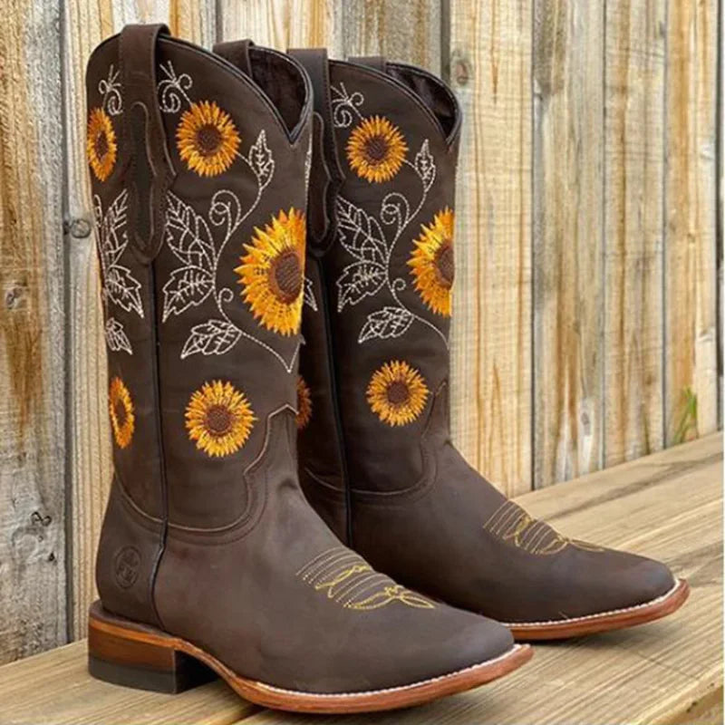 Embroidered Light, Medium, and Dark Brown Faux Leather Boots Deep High Female Casual Boots