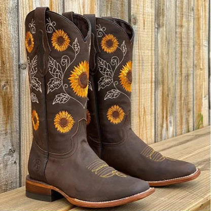 Embroidered Light, Medium, and Dark Brown Faux Leather Boots Deep High Female Casual Boots