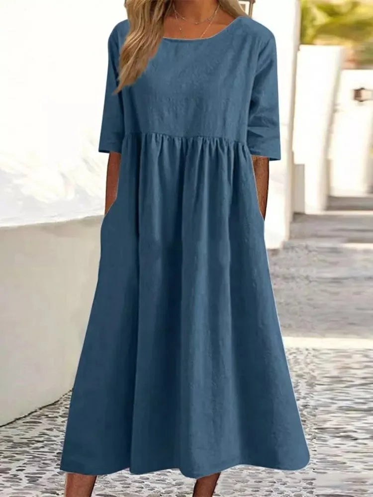 Cotton and Linen Casual Short Sleeves, Pockets, Loose Round Neck