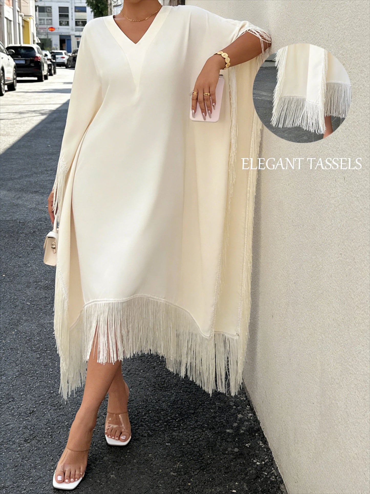 Boho Tassel Trim Maxi Dress, V Neck, Batwing Sleeves, Fringe Hem, Lightweight Flowy