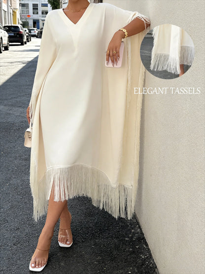 Boho Tassel Trim Maxi Dress, V Neck, Batwing Sleeves, Fringe Hem, Lightweight Flowy