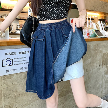 Sizes to 4XL, Casual, Loose A-line, Gathered Denim Skirt With Under-Shorts and Elastic Waist, Comfortable and Fashoinable