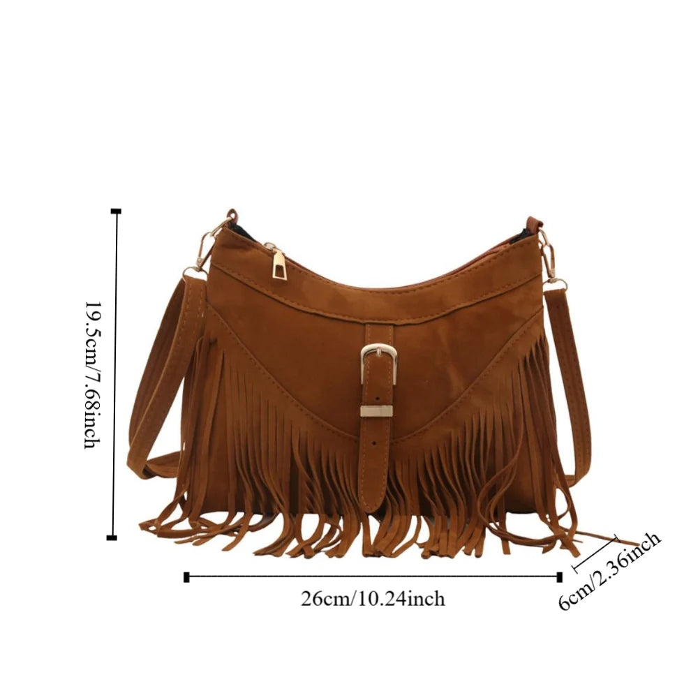Bohemian Suede Leather Under-Arm Zipper, Tassels, Shoulder Bag, Solid Color PU Leather, Black, Grey, Coffee, and Light Brown