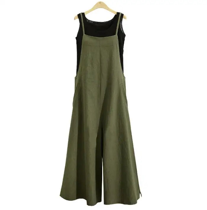 Spaghetti Strapped Jumpsuit to Sizes 5XL. Solid Color, Wide Leg Pants. Bibbed Overalls with Pockets. Casual, Loose, Cotton Linen
