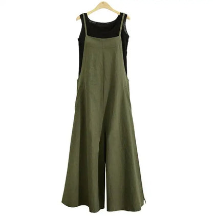 Spaghetti Strapped Jumpsuit to Sizes 5XL. Solid Color, Wide Leg Pants. Bibbed Overalls with Pockets. Casual, Loose, Cotton Linen