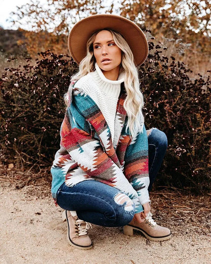 Vintage Loose Denim Jacket, Aztec Retro Ethnic Style, Long Sleeved, Shirt Collar, Sizes to XXL