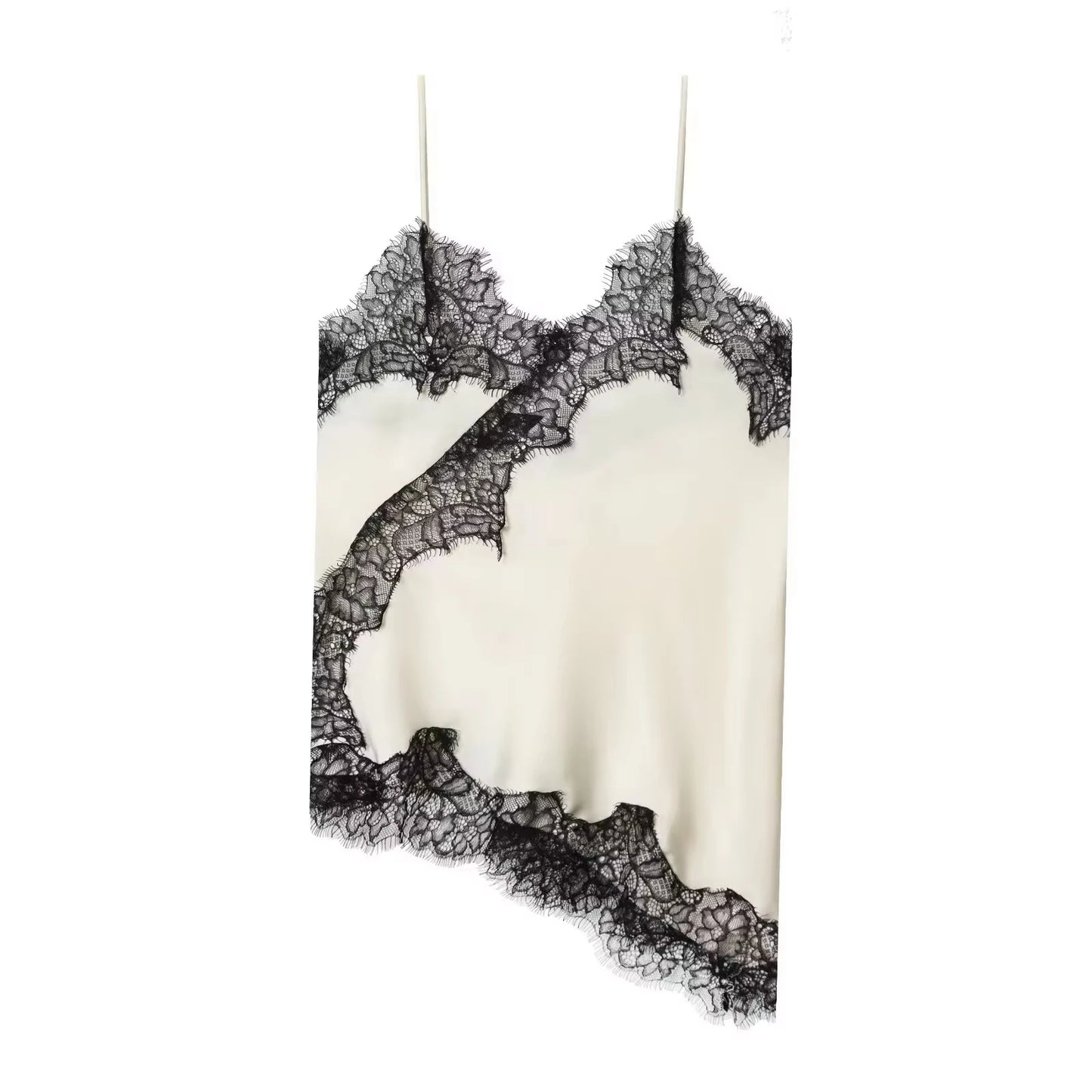 Polka Dot Sling Tops Asymmetric Hem Sleeveless V-Neck Lace Cami