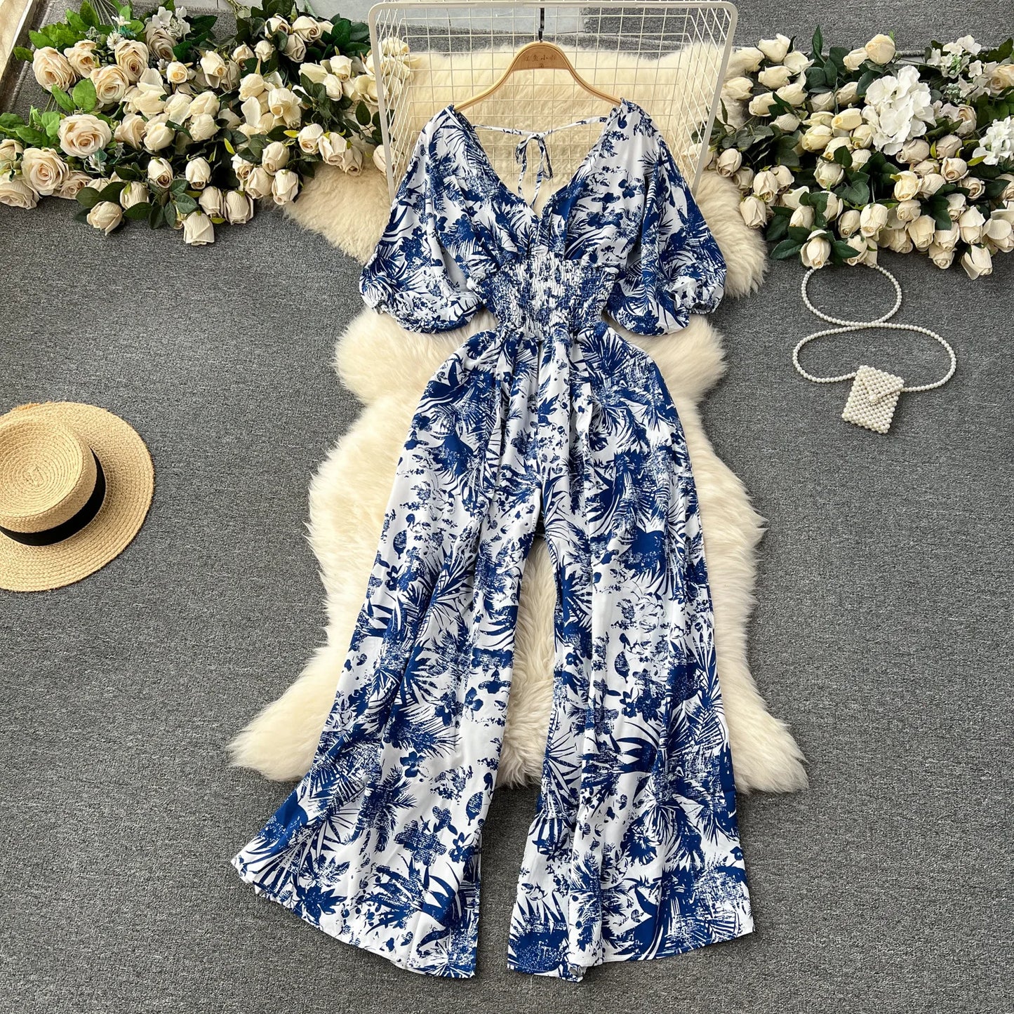 V Neck Dolman Sleeves Slim Waisted Floral and Polka Dot Print Jumpsuit with Wide Legs