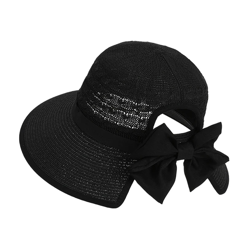Bow-tied Straw Sun Hat with Ponytail Hole  in 3 Colors