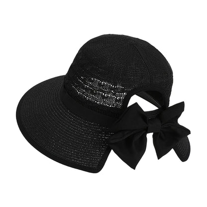 Bow-tied Straw Sun Hat with Ponytail Hole  in 3 Colors