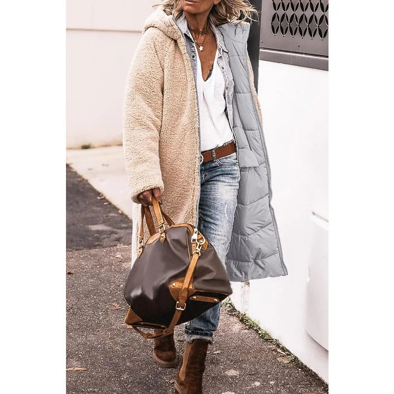 Reversible Sherpa Fleece, Long, Hooded Puffer Coats. Check colors: Brown, Green, Black, Burgundy, Light Gray