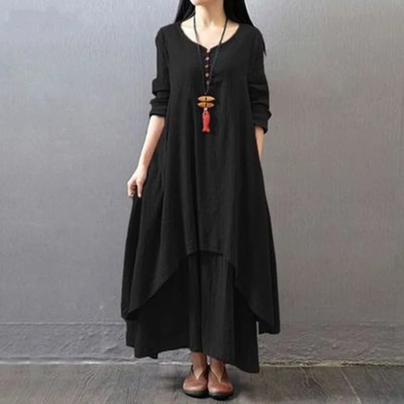 Boho Vintage Cotton and Linen with Pockets, Double Layer Swing Dress