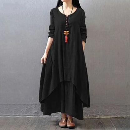 Boho Vintage Cotton and Linen with Pockets, Double Layer Swing Dress