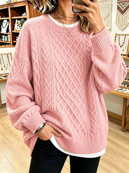 Sizes to 3XL Retro Cable Knit Sweater, Round Neck, Loose Pullover, Casual Long Sleeve Top. Comes in 9 Colors