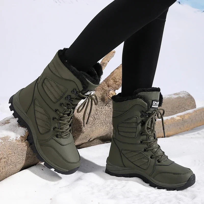 High-top Waterproof Snow Boots, Thick Plush Warm Insoles, Tie Up, Come in Army Green, White, and Black