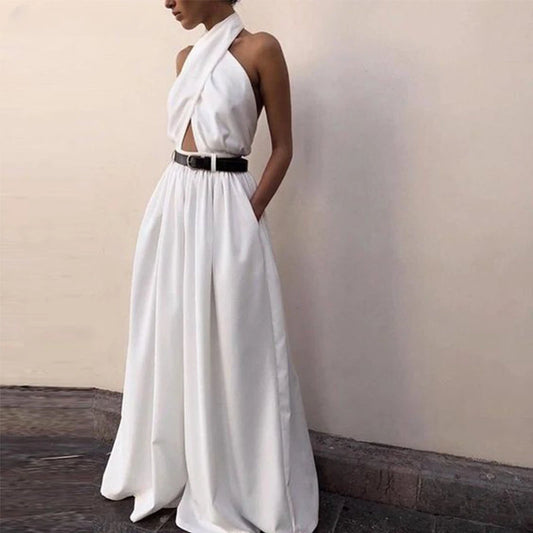 Backless Criss-cross Front, Back Button Halter Jumpsuit, Sleeveless, Slim High Waisted, Long Extra-Wide Leg Pants, Belted