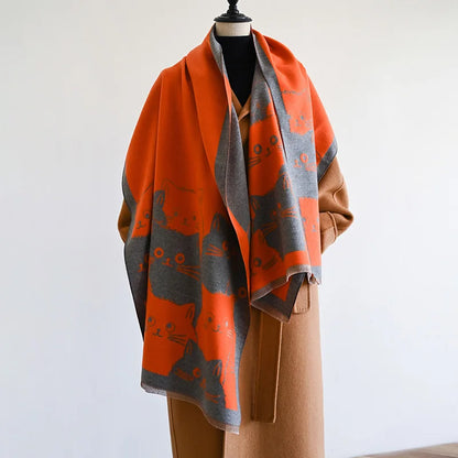 Cute Cat Ladies' Jacquard Pashmina Cashmere Scarf Thick Warm