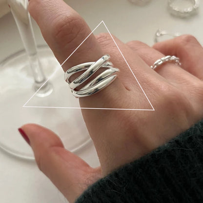 Sterling Silver Rings INS Fashion Vintage Hollow Lines  Adjustable  Jewelry