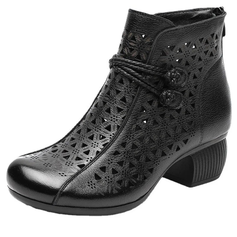 Bopho 5cm Thick Heel Ankle Boots Handmade Retro Style Genuine Leather Zipper Back Breathable