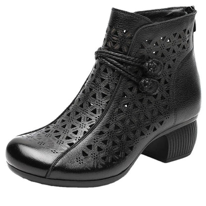 Bopho 5cm Thick Heel Ankle Boots Handmade Retro Style Genuine Leather Zipper Back Breathable