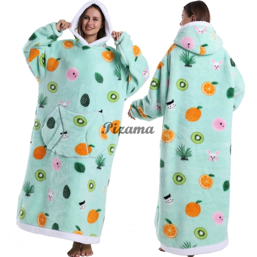 Super Long Flannel Pullover Night Shirt with Pocket and Hood, Super Snuggly for Men and Women, 12 Different Prints