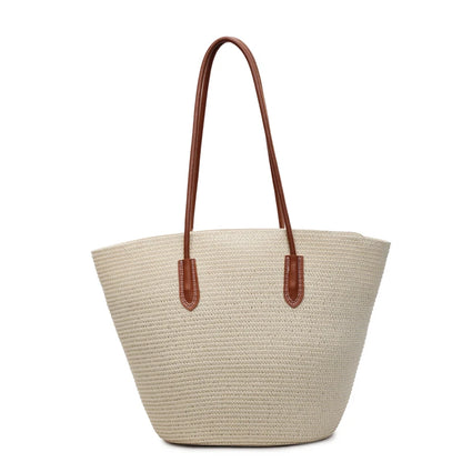 Large Capacity Straw Tote Shopper Bag With Shoulder Straps