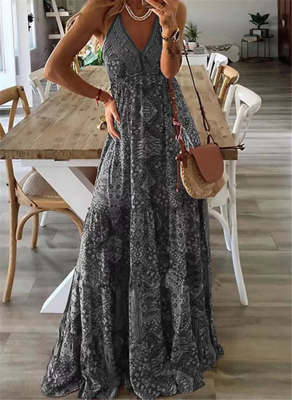 Boho Long Dress V-Neck High Waist Floral Print Maxi Gown European And American New Style Strapless Dress