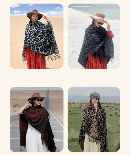 Vintage Boho Leopard Print Soft Over-the-Head Cloaks With Tassels