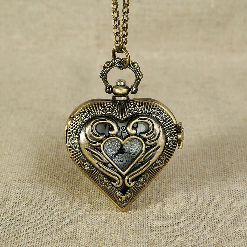 Vintage Bronze Heart Shape Pendant Quartz Pocket Watch with Necklace Chain