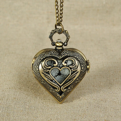 Vintage Bronze Heart Shape Pendant Quartz Pocket Watch with Necklace Chain